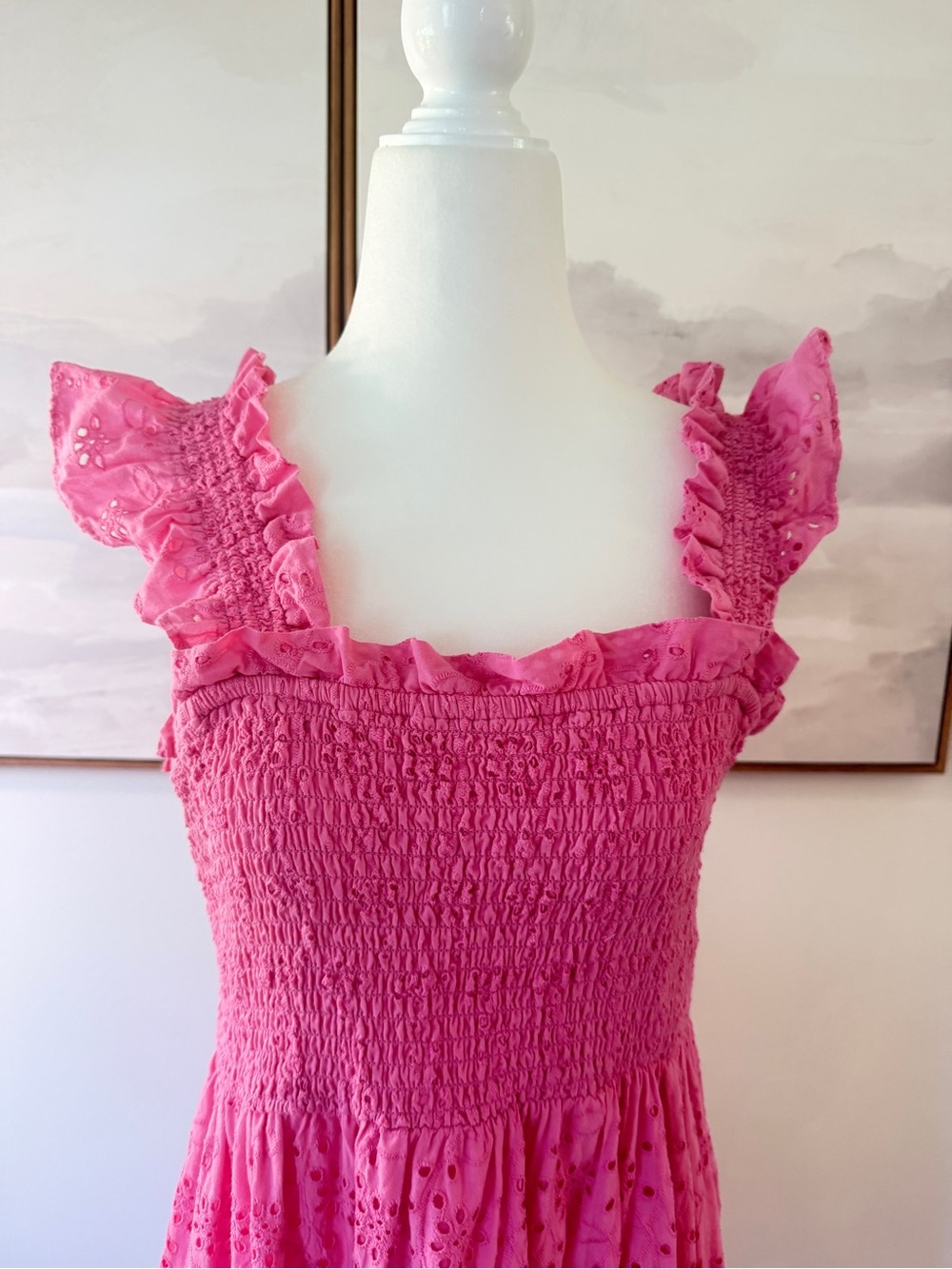 Gorgeous Cotton Pink Eyelet Tiered Midi Dress – Size Large - Picture 2 of 3